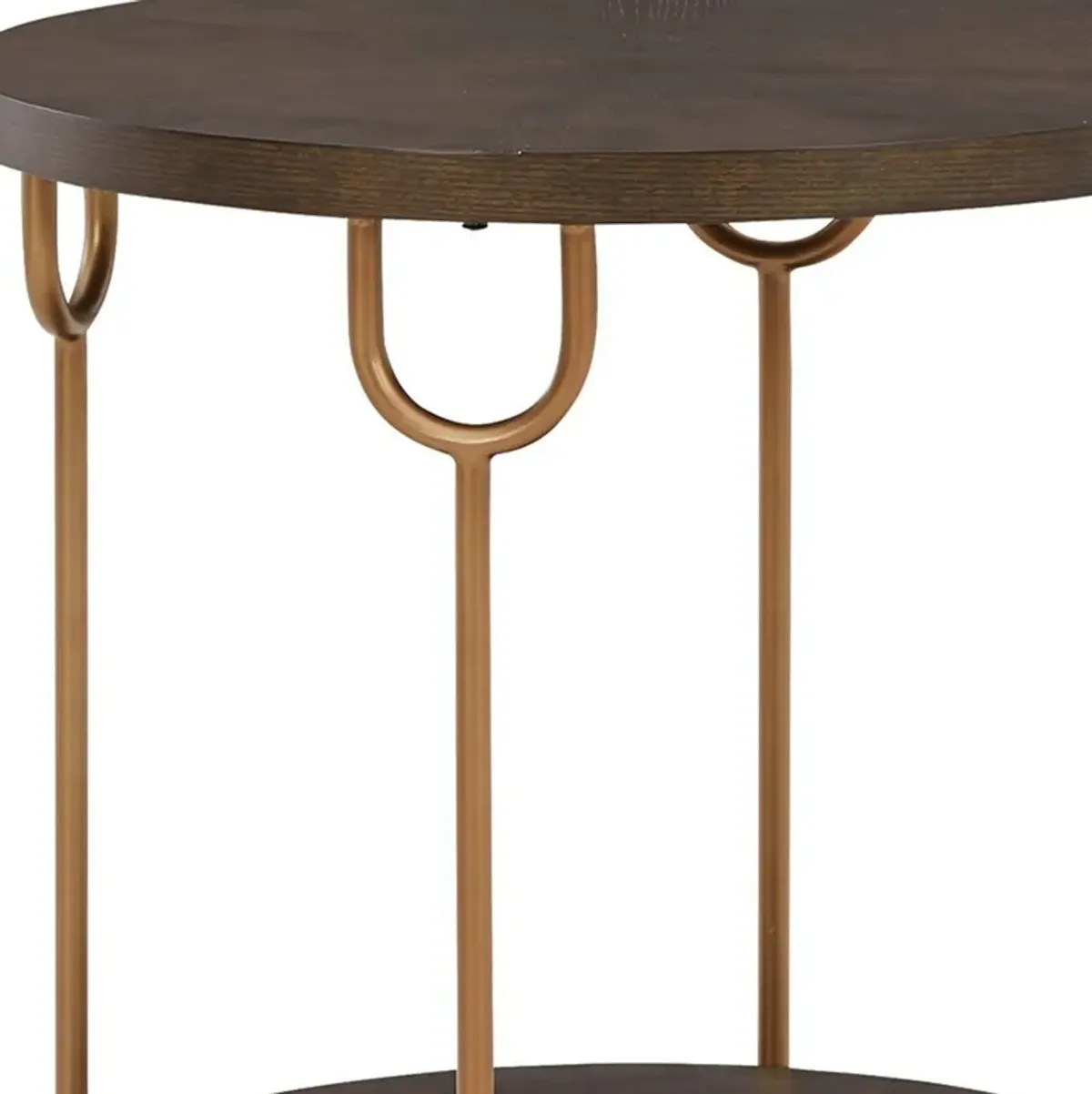 24 Inch Modern Round Side End Table, Espresso Brown Wood, Gold Metal Legs-Benzara