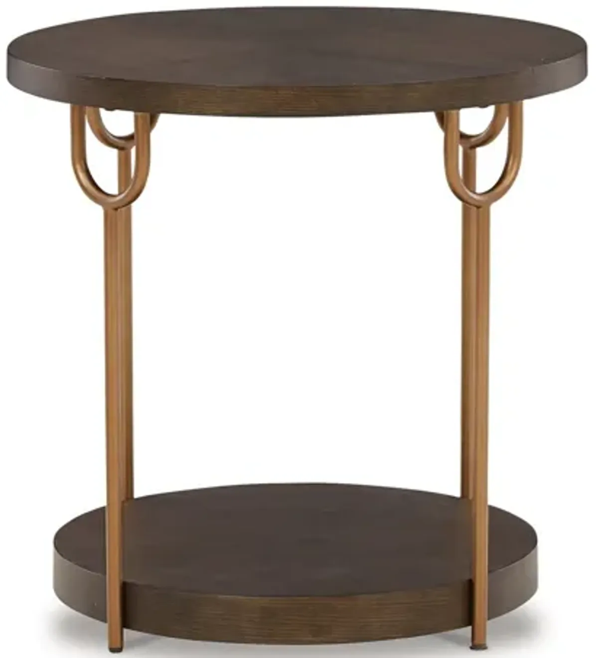 24 Inch Modern Round Side End Table, Espresso Brown Wood, Gold Metal Legs-Benzara