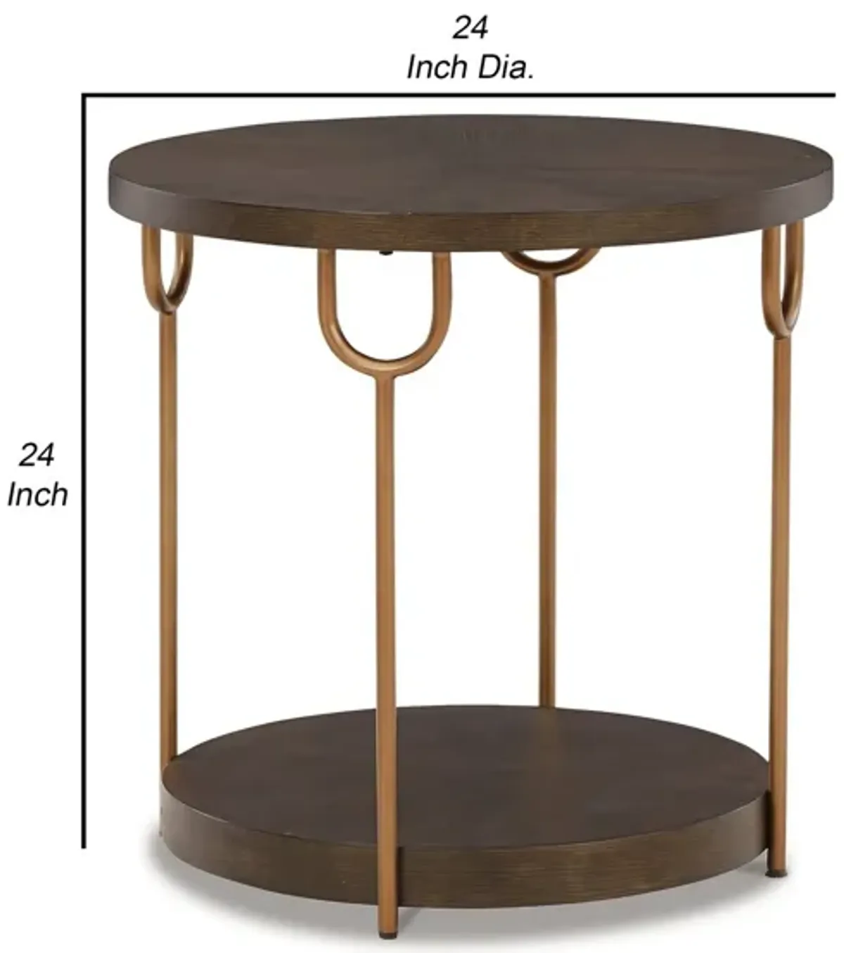 24 Inch Modern Round Side End Table, Espresso Brown Wood, Gold Metal Legs-Benzara