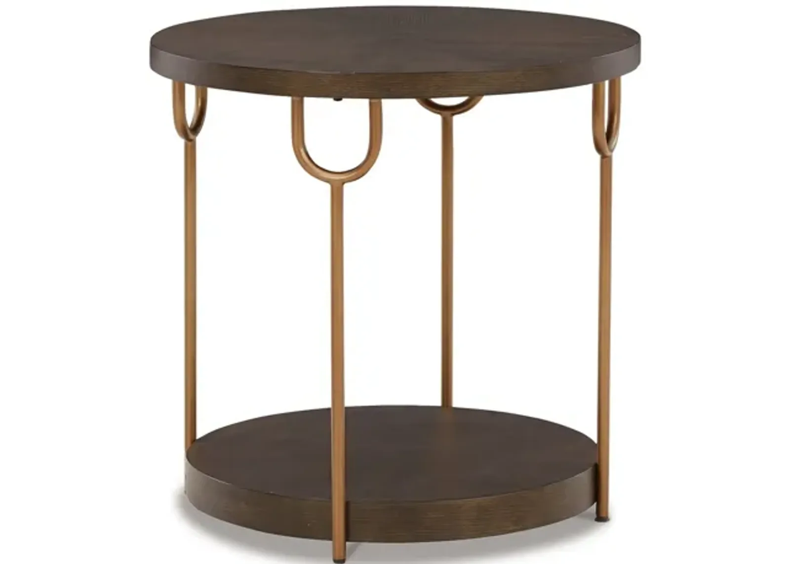 24 Inch Modern Round Side End Table, Espresso Brown Wood, Gold Metal Legs-Benzara