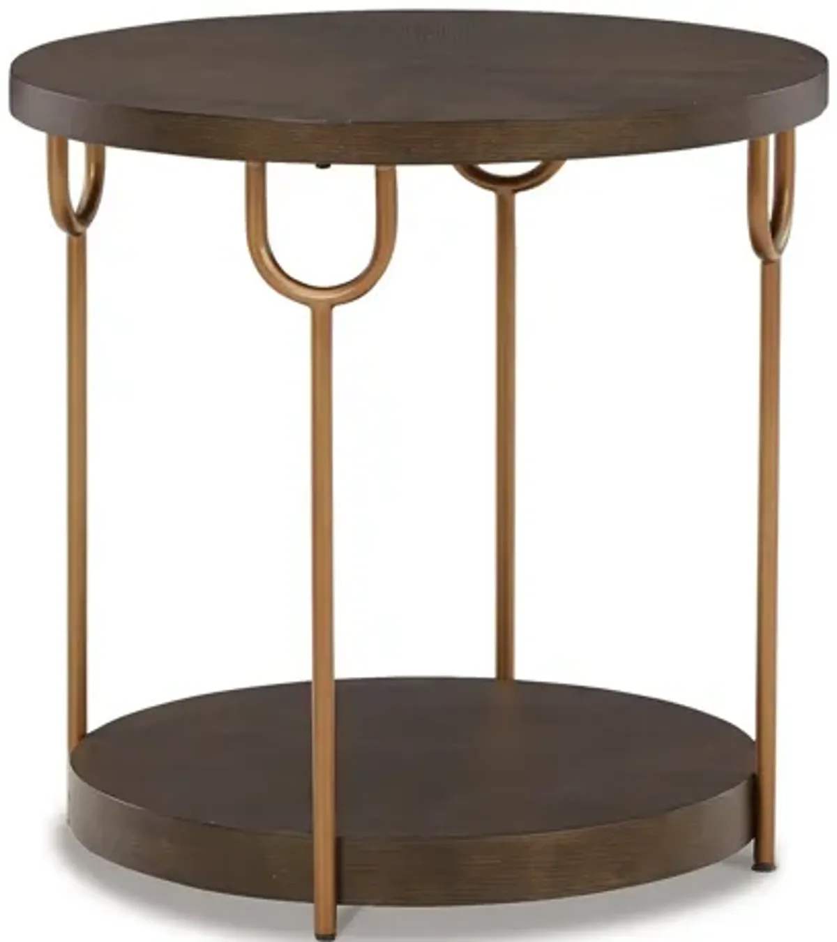 24 Inch Modern Round Side End Table, Espresso Brown Wood, Gold Metal Legs-Benzara