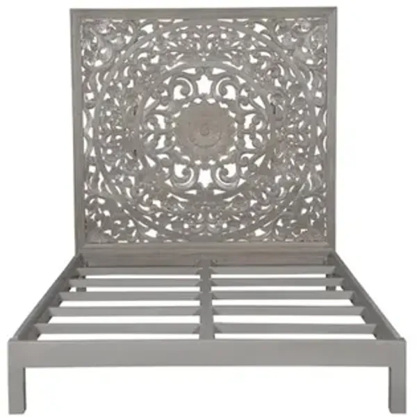 Porter Designs Mandala Hand Carved Motif Queen Bed, Gray