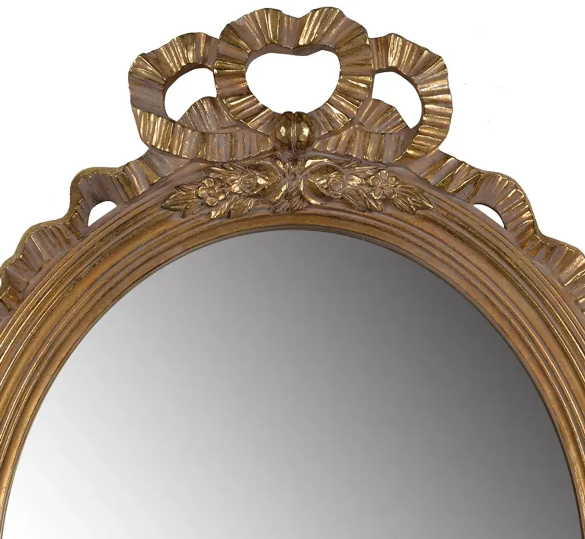 26 Inch Wall Accent Mirror with Ornate Polyresin Floral Crest, Antique Gold-Benzara