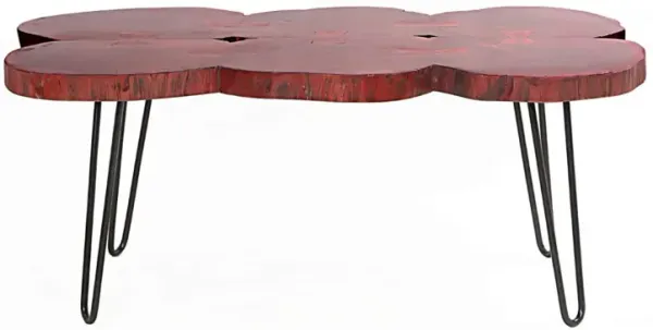 44 Inch Acacia Wood Coffee Table, Quatrefoil Top, Live Edge, Iron Hairpin Legs, Walnut Brown, Black