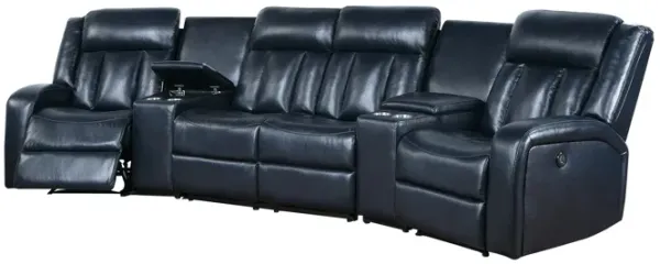 Max 5 Piece Manual Recliner Sectional Set, Vegan Faux Leather, Navy Blue