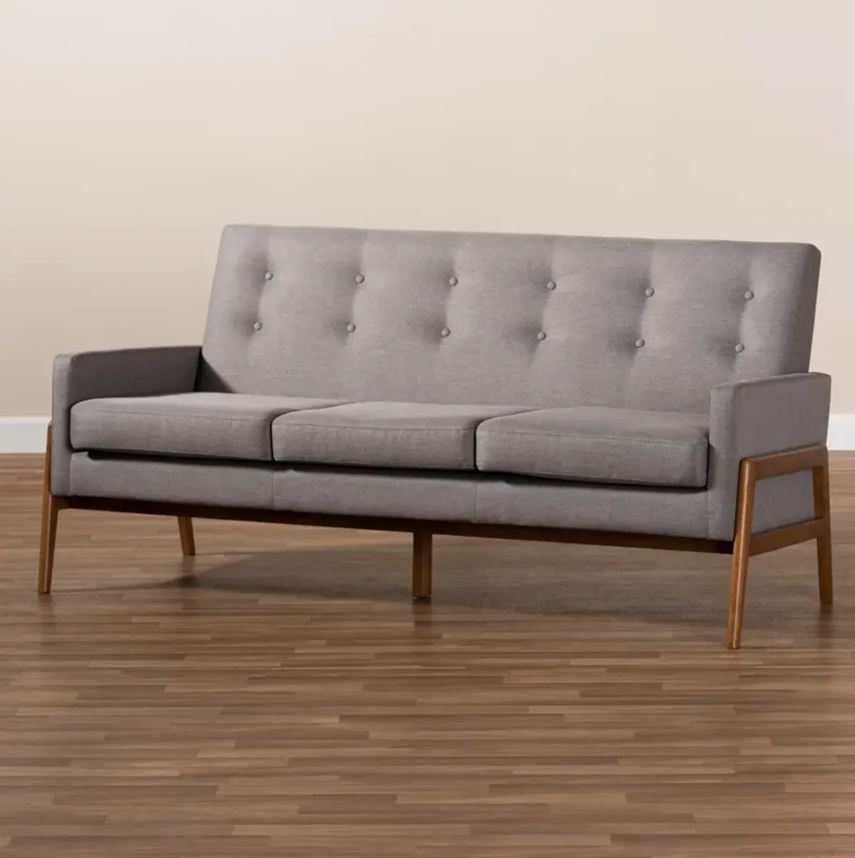 Baxton Studio Perris Mid-Century Modern Light Grey Fabric Upholstered Walnut Finished Wood Sofa