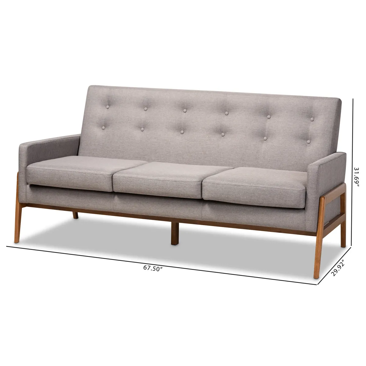 Baxton Studio Perris Mid-Century Modern Light Grey Fabric Upholstered Walnut Finished Wood Sofa