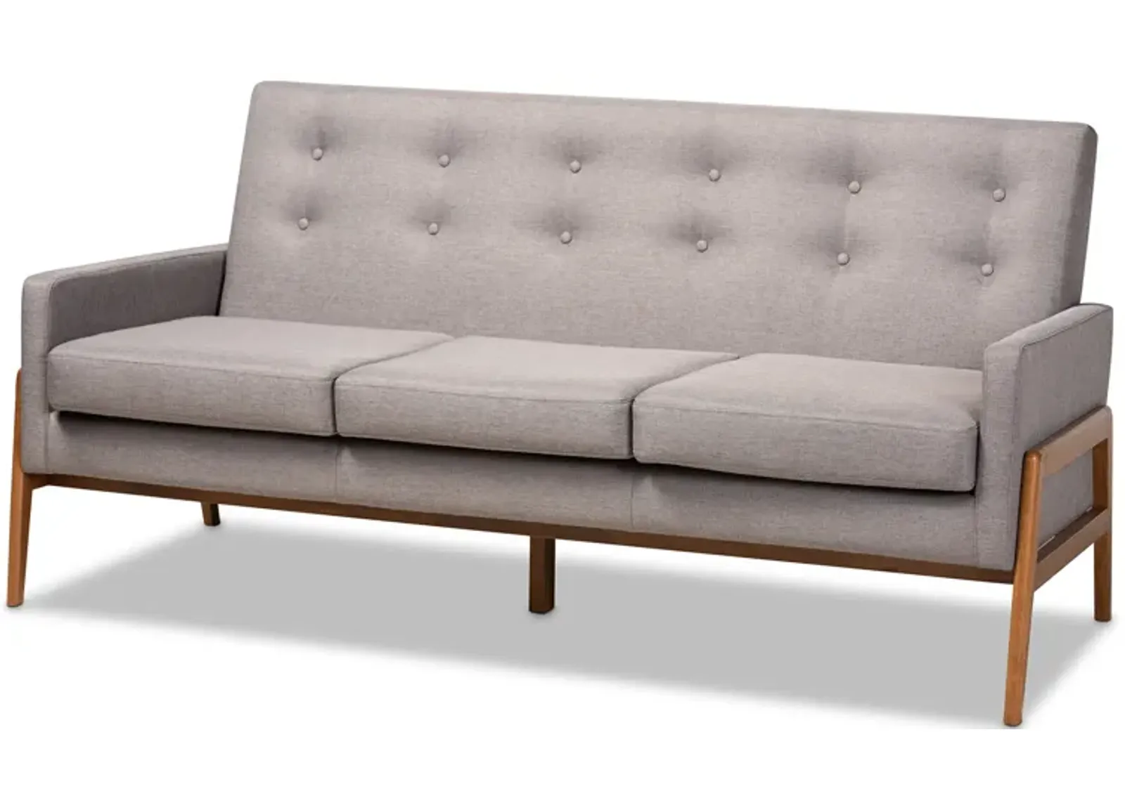 Baxton Studio Perris Mid-Century Modern Light Grey Fabric Upholstered Walnut Finished Wood Sofa