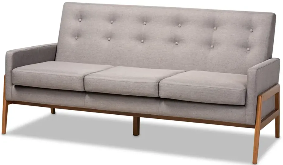 Baxton Studio Perris Mid-Century Modern Light Grey Fabric Upholstered Walnut Finished Wood Sofa