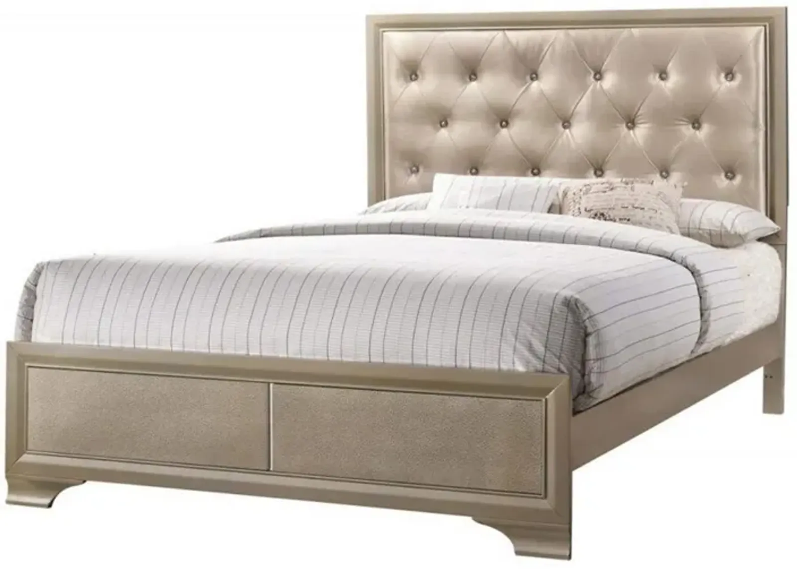 Transitional Wooden Queen Size Bed with Button Tufted Headboard, champagne-Benzara