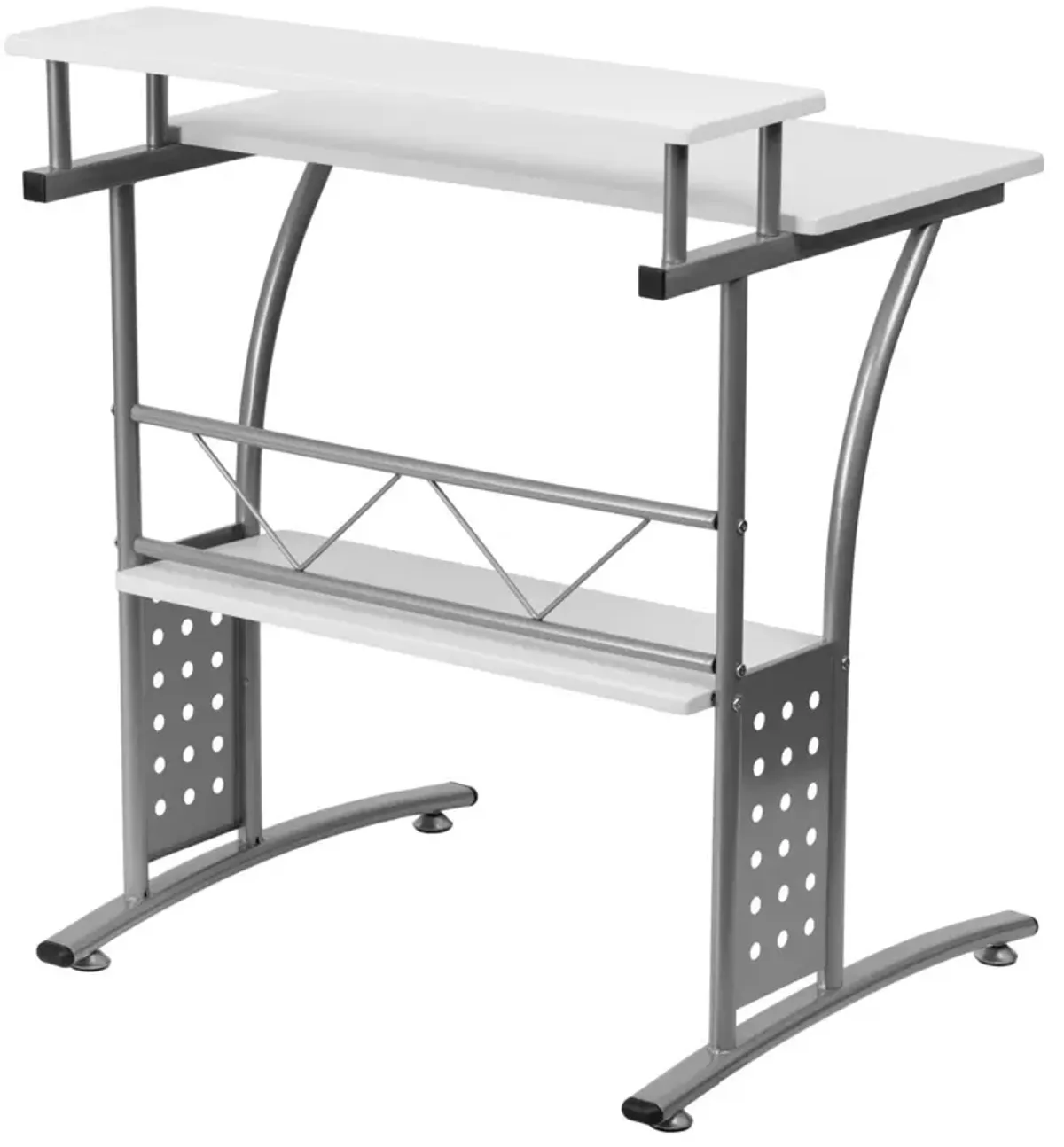 Modern Metal Frame Computer Desk with White Laminate Top and Raised Shelf