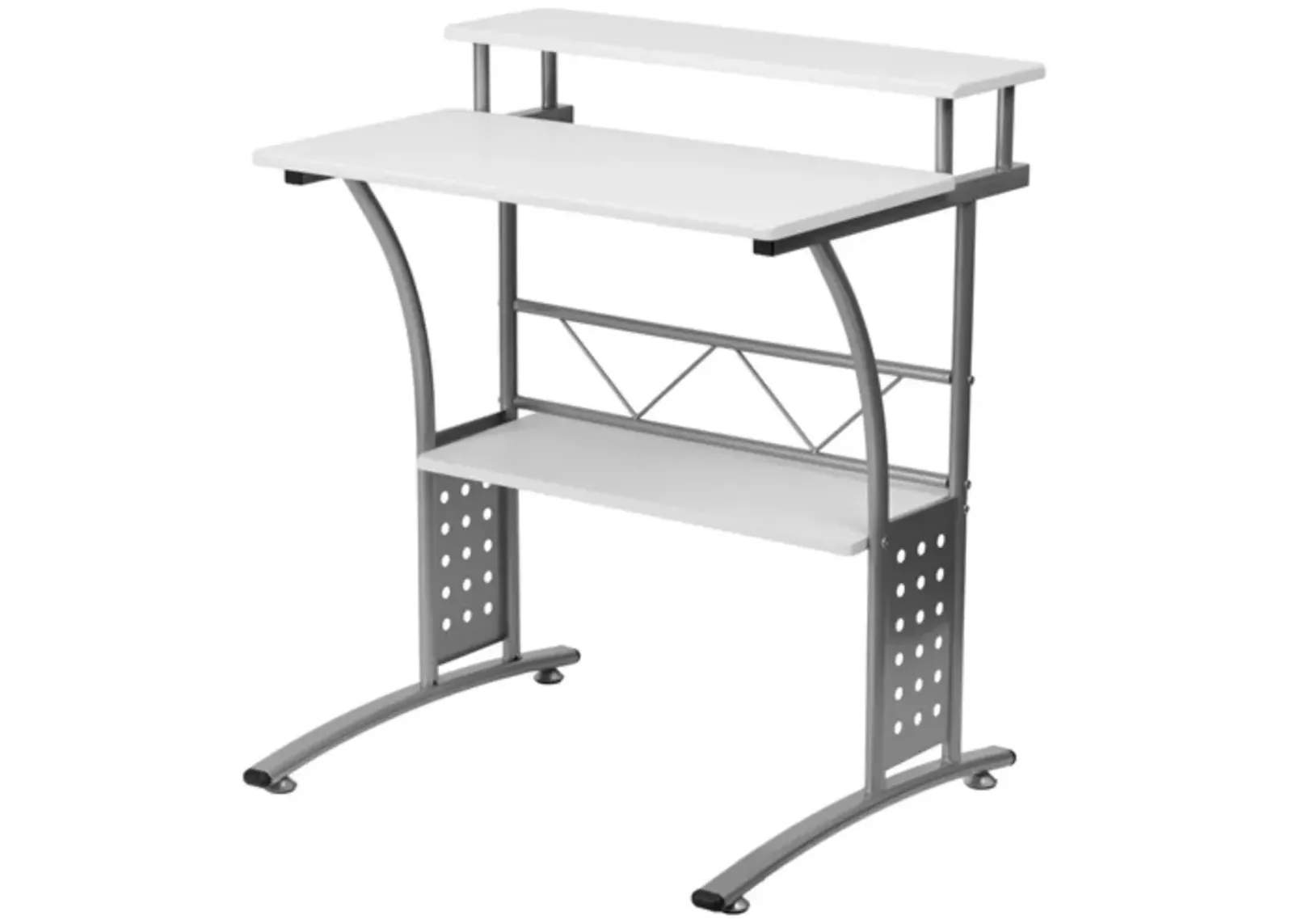 Modern Metal Frame Computer Desk with White Laminate Top and Raised Shelf