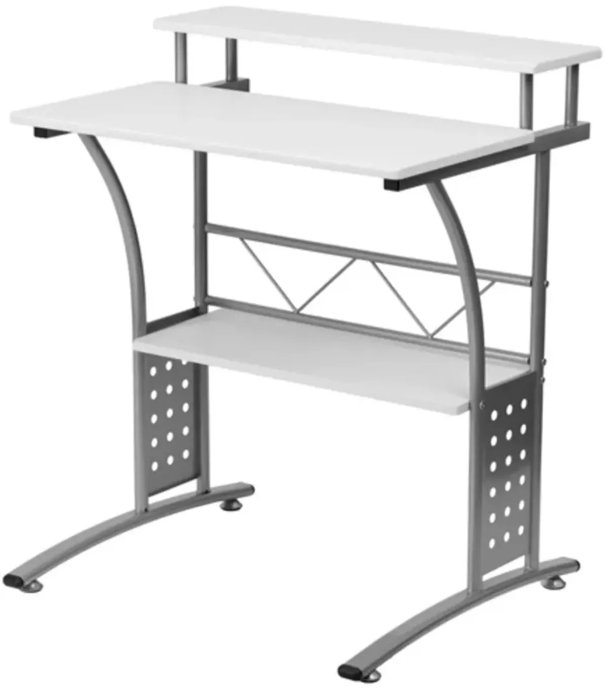 Modern Metal Frame Computer Desk with White Laminate Top and Raised Shelf