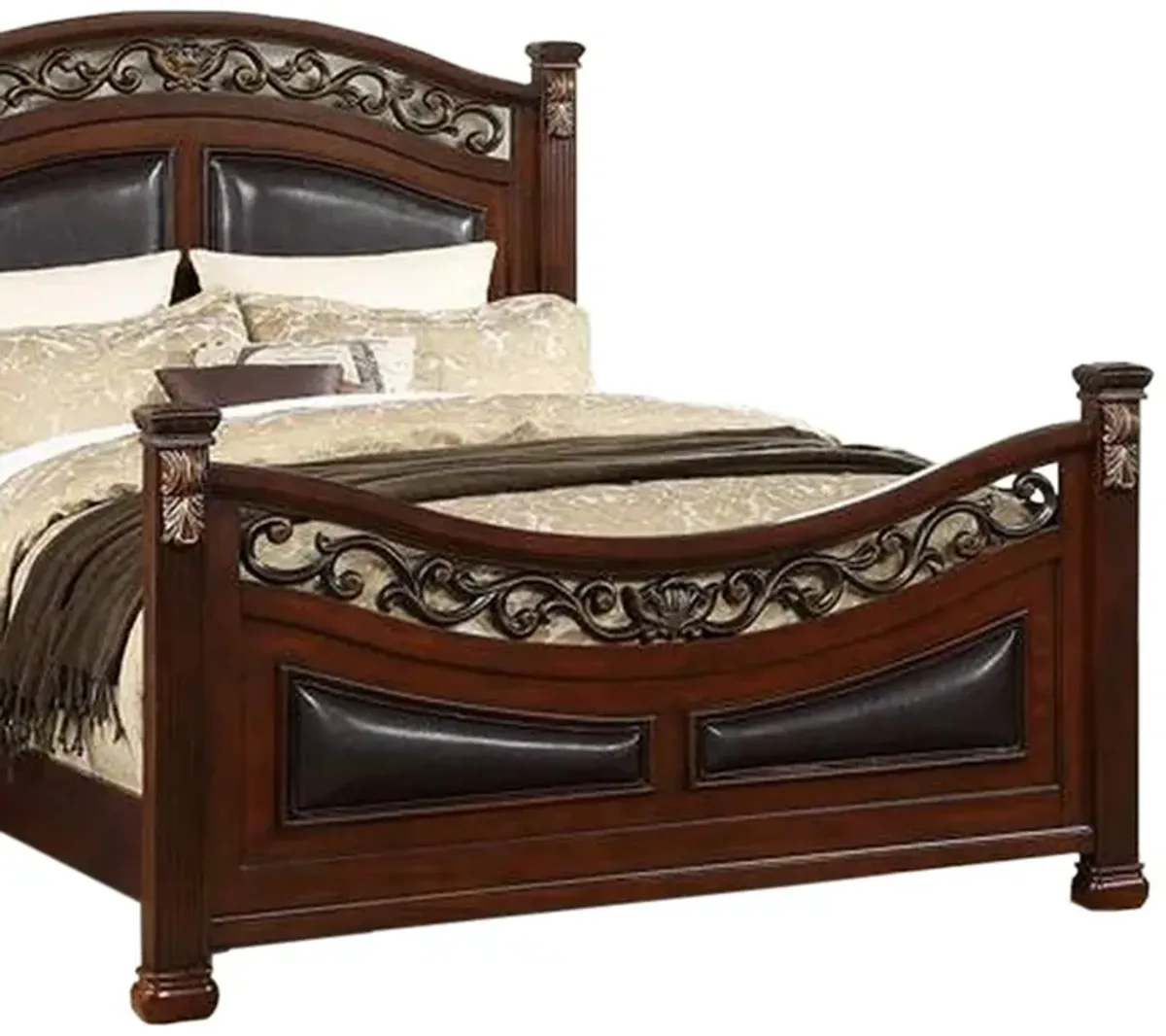 Miri California King Bed, Carved Details, Faux Leather Upholstery, Cherry - Benzara