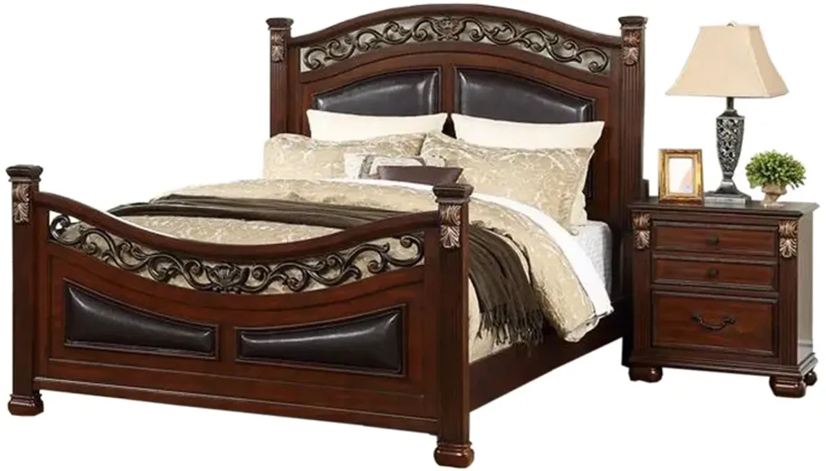Miri California King Bed, Carved Details, Faux Leather Upholstery, Cherry - Benzara