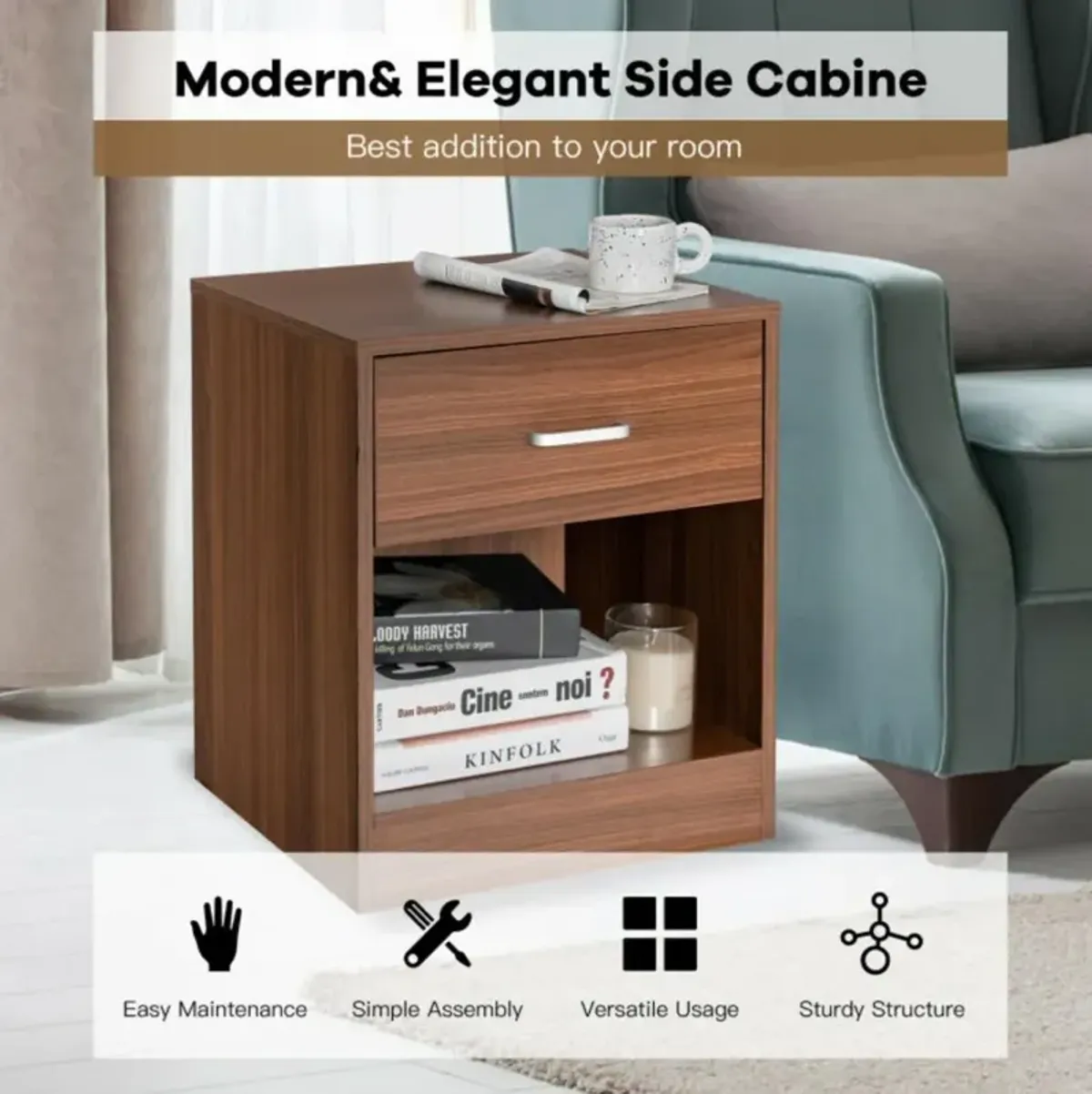 Hivvago Modern Nightstand with Storage Drawer and Cabinet