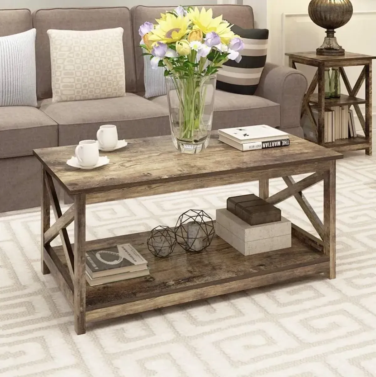 Hivvago Contemporary 2-Tier Farmhouse Coffee Table in Rustic Wood Finish