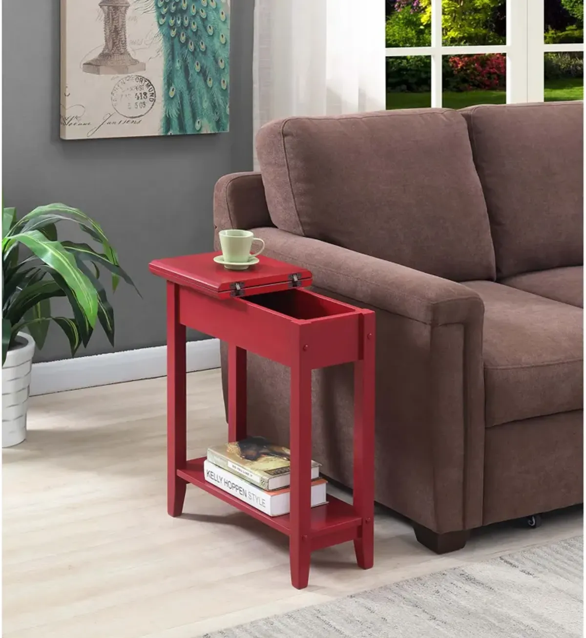 Convenience Concepts American Heritage Flip Top End Table with Shelf, 23", Cranberry Red