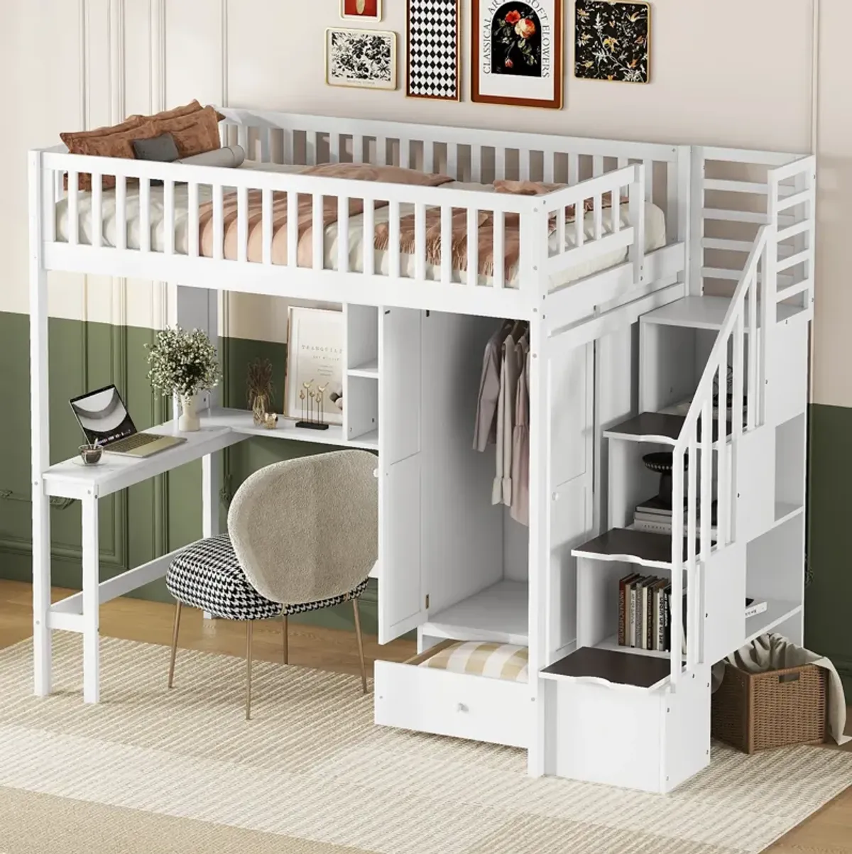 Merax Loft Bed with Bookshelf and Wardrobe