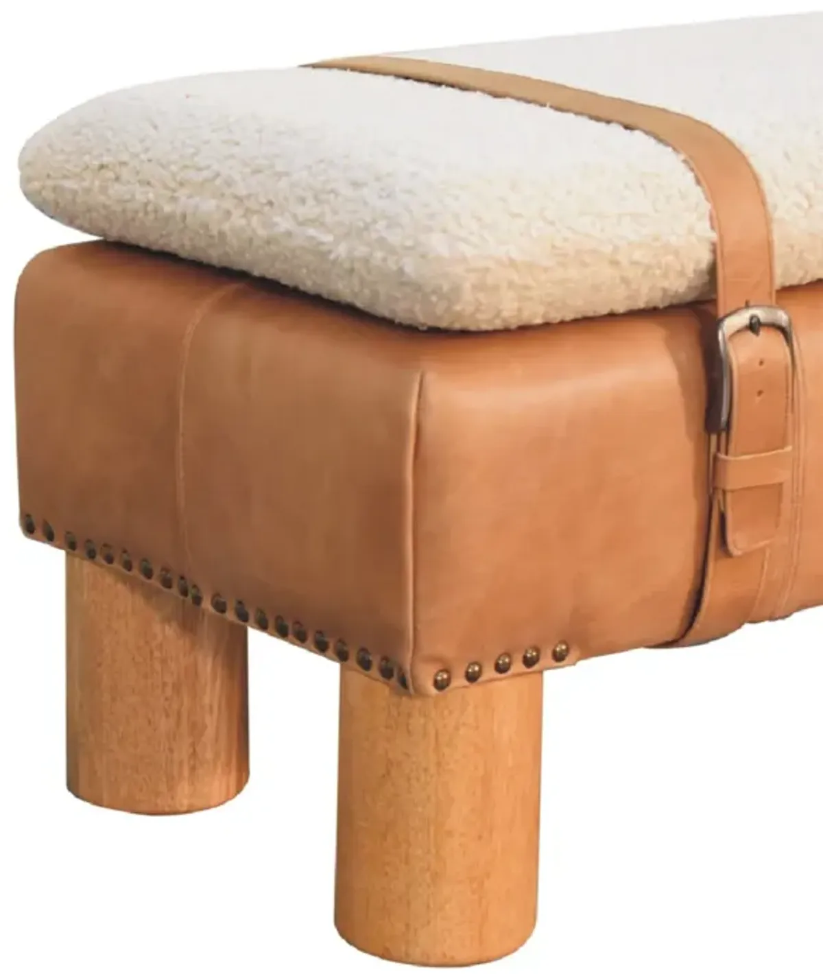 Strapped Cyclinder Solid Wood Leather Boucle  Bench