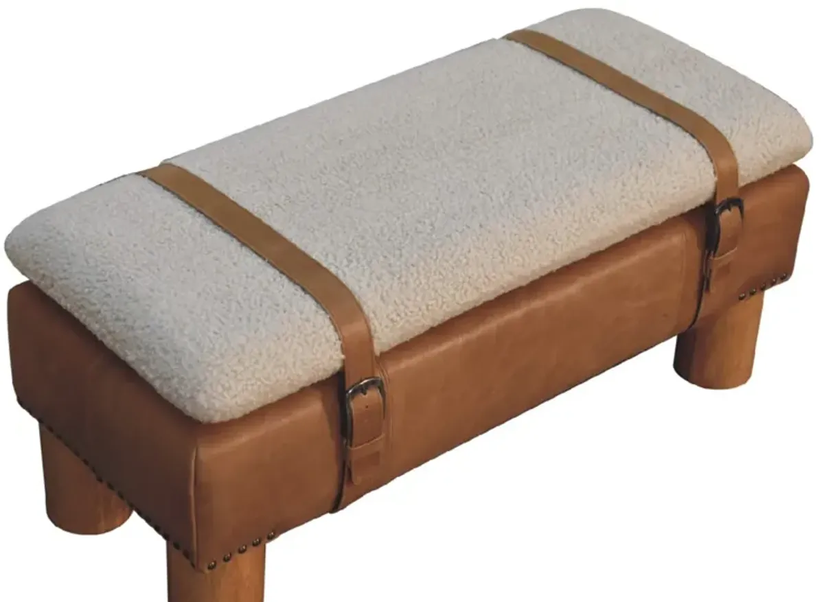 Strapped Cyclinder Solid Wood Leather Boucle  Bench