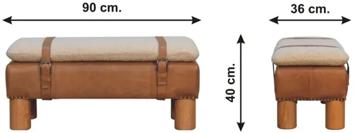 Strapped Cyclinder Solid Wood Leather Boucle  Bench
