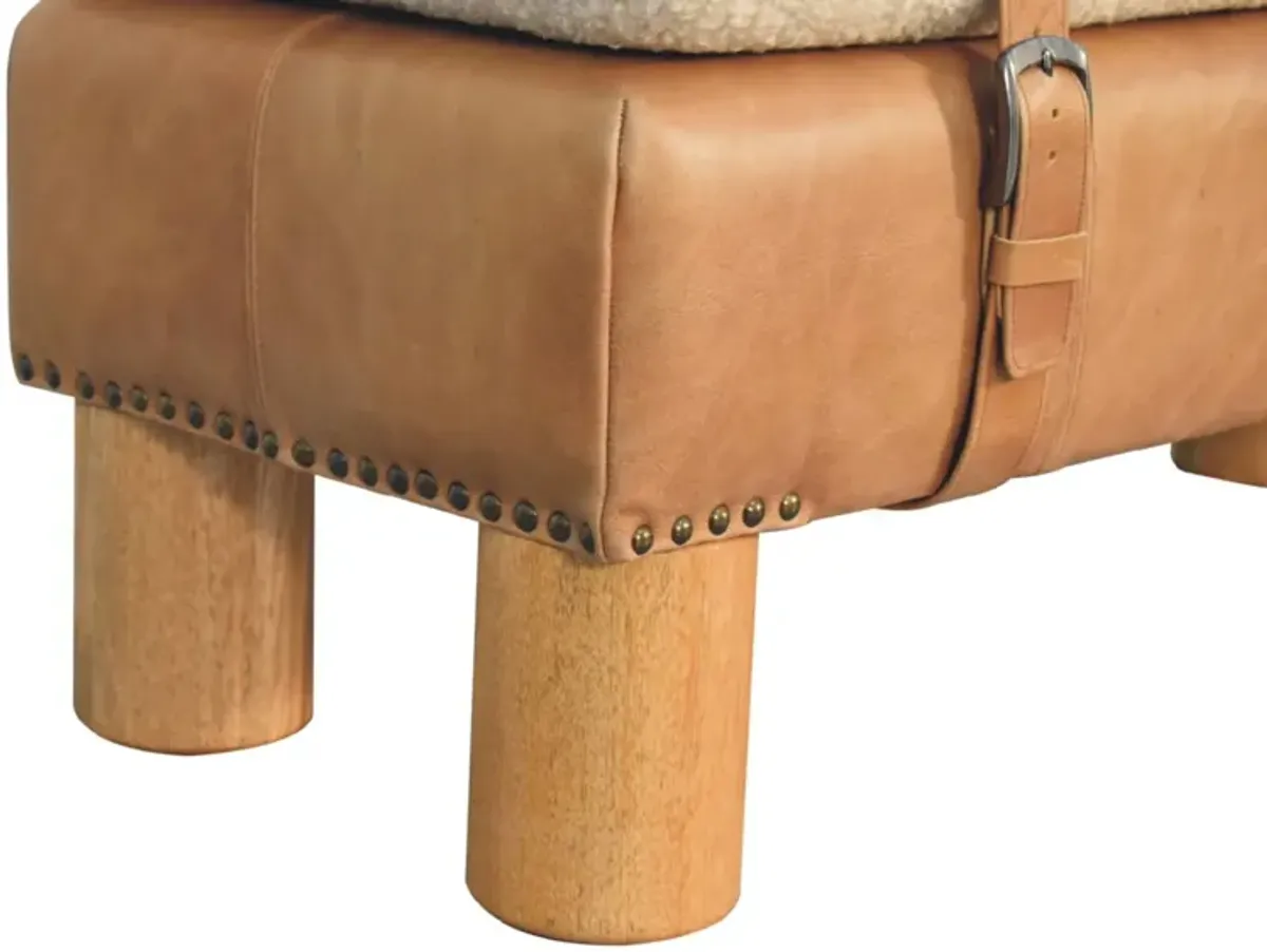 Strapped Cyclinder Solid Wood Leather Boucle  Bench