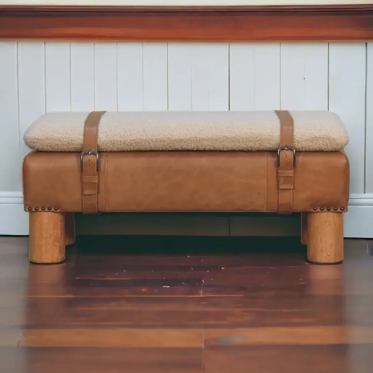 Strapped Cyclinder Solid Wood Leather Boucle  Bench