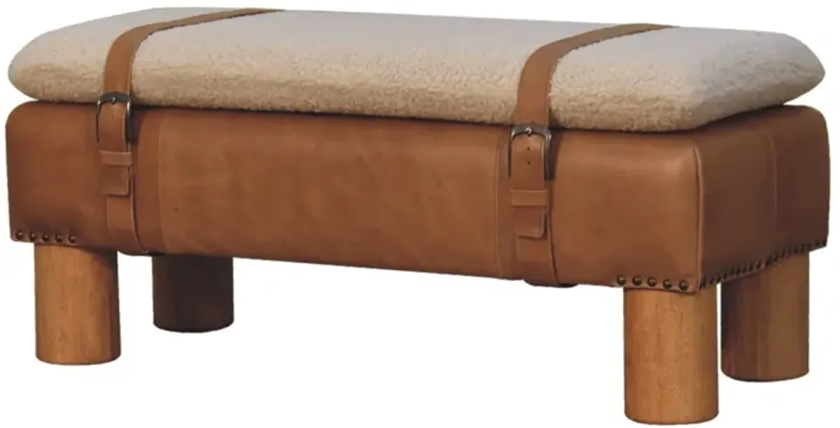 Strapped Cyclinder Solid Wood Leather Boucle  Bench