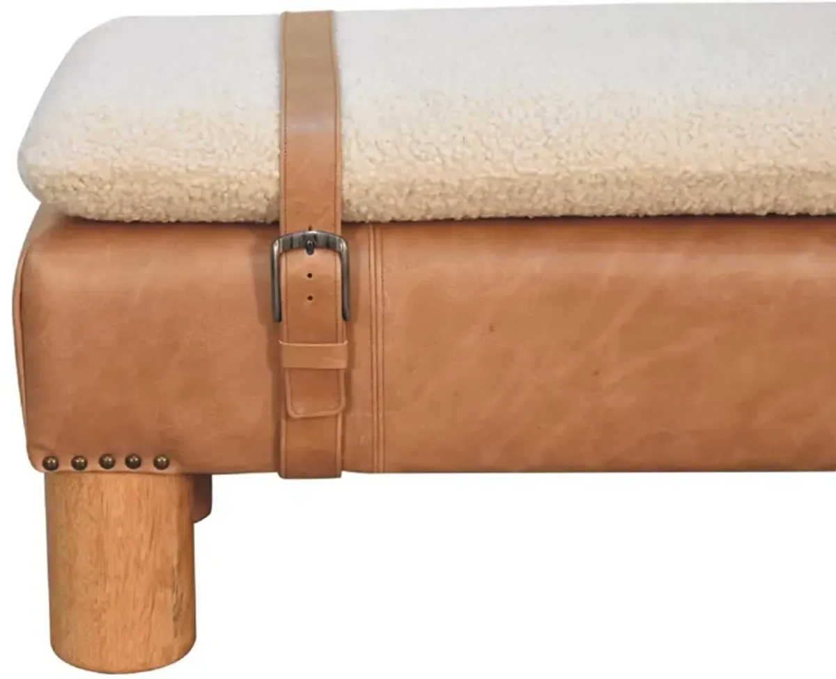 Strapped Cyclinder Solid Wood Leather Boucle  Bench
