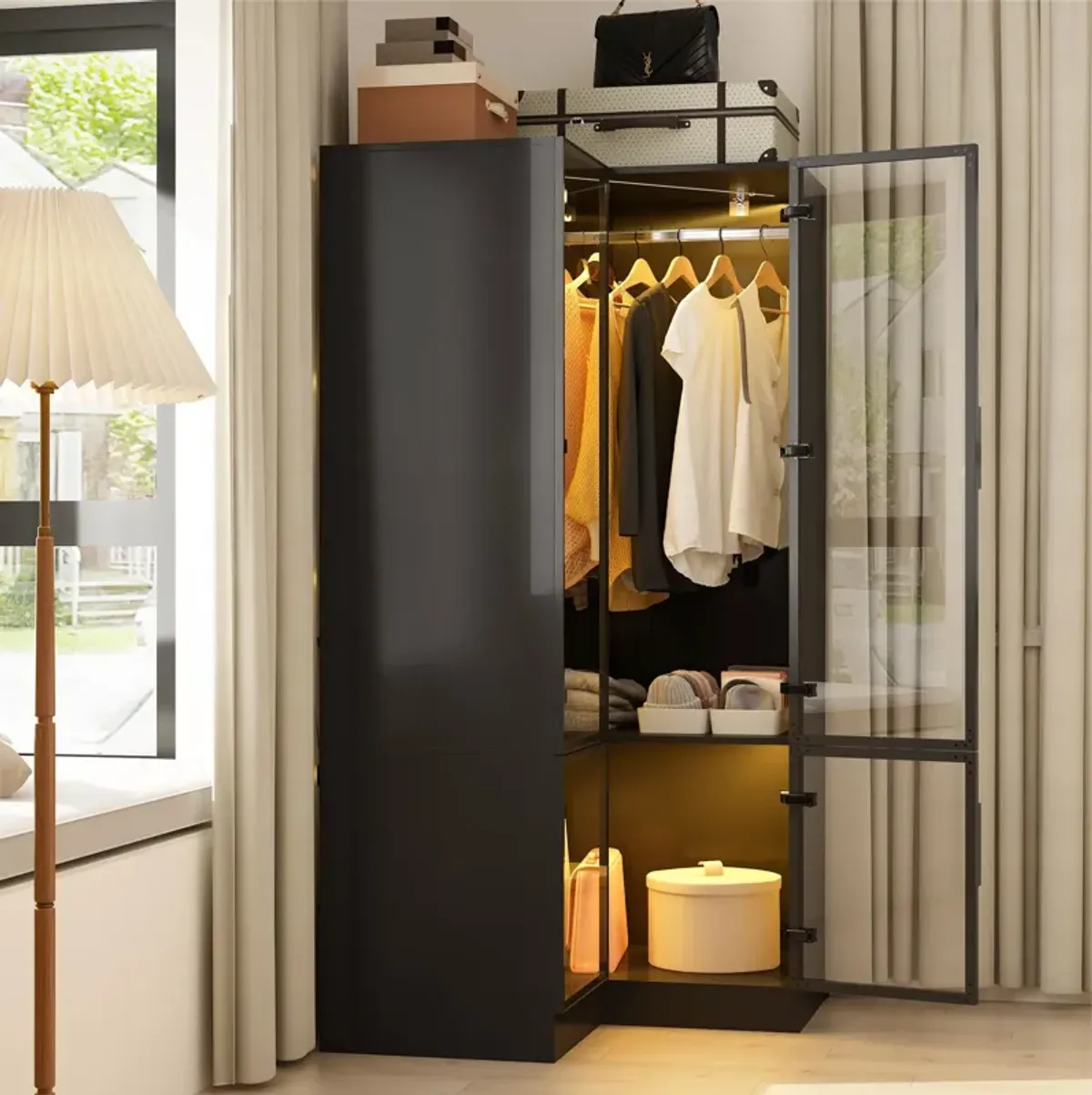 FUFU&GAGA Modern Corner Wardrobe Closet with Glass Doors and LED Lighting (35.4" W x 35.4" D x 70.9" H),Black