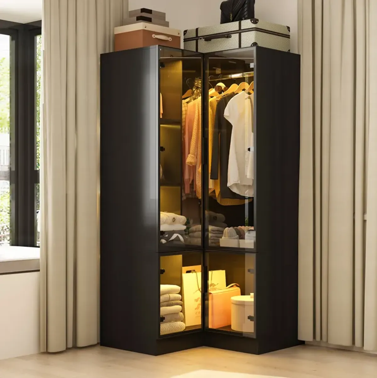 FUFU&GAGA Modern Corner Wardrobe Closet with Glass Doors and LED Lighting (35.4" W x 35.4" D x 70.9" H),Black