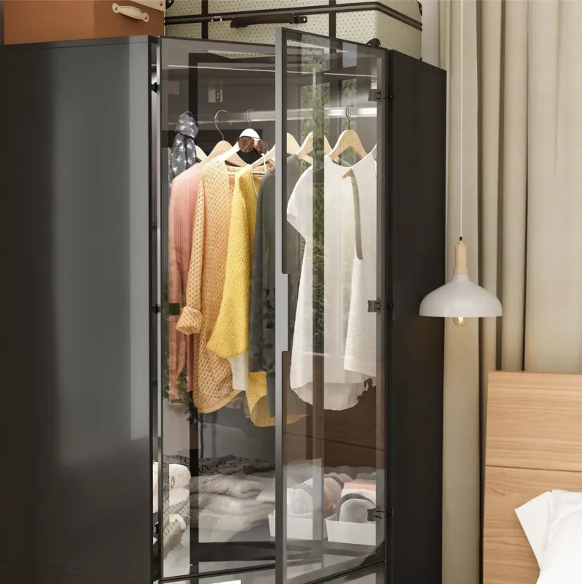 FUFU&GAGA Modern Corner Wardrobe Closet with Glass Doors and LED Lighting (35.4" W x 35.4" D x 70.9" H),Black