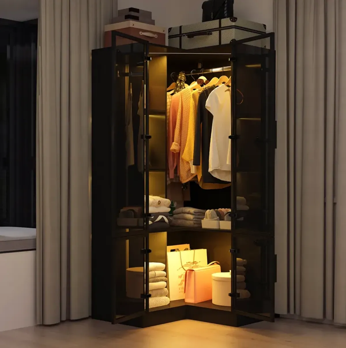 FUFU&GAGA Modern Corner Wardrobe Closet with Glass Doors and LED Lighting (35.4" W x 35.4" D x 70.9" H),Black