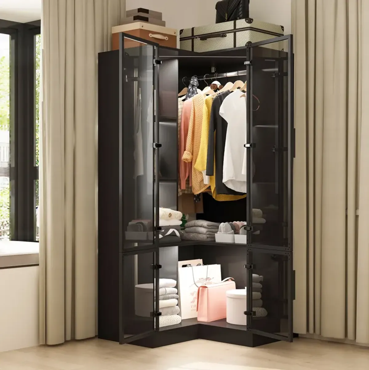 FUFU&GAGA Modern Corner Wardrobe Closet with Glass Doors and LED Lighting (35.4" W x 35.4" D x 70.9" H),Black