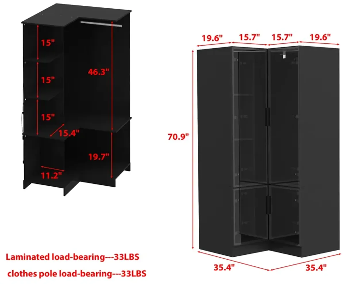 FUFU&GAGA Modern Corner Wardrobe Closet with Glass Doors and LED Lighting (35.4" W x 35.4" D x 70.9" H),Black