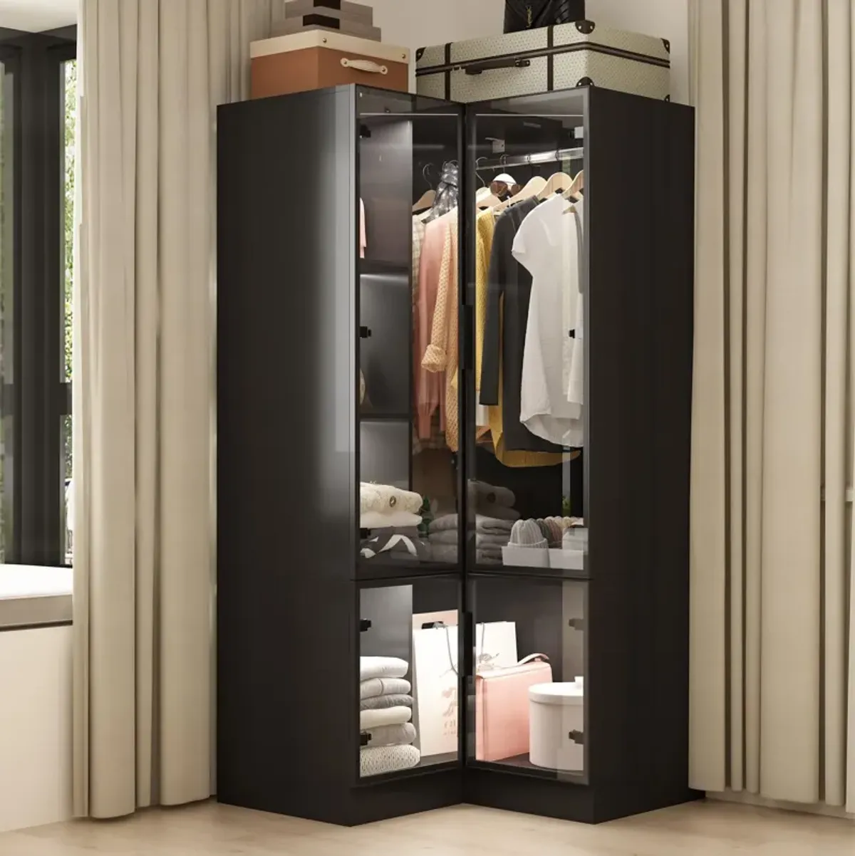 FUFU&GAGA Modern Corner Wardrobe Closet with Glass Doors and LED Lighting (35.4" W x 35.4" D x 70.9" H),Black