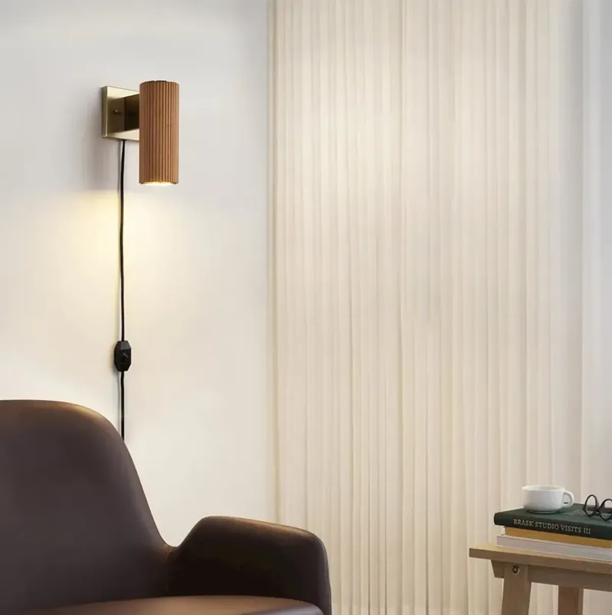 NOVA OF CALIFORNIA Tambo Wall Sconce - Natural Ash Wood Finish, Weathered Brass, Dimmer