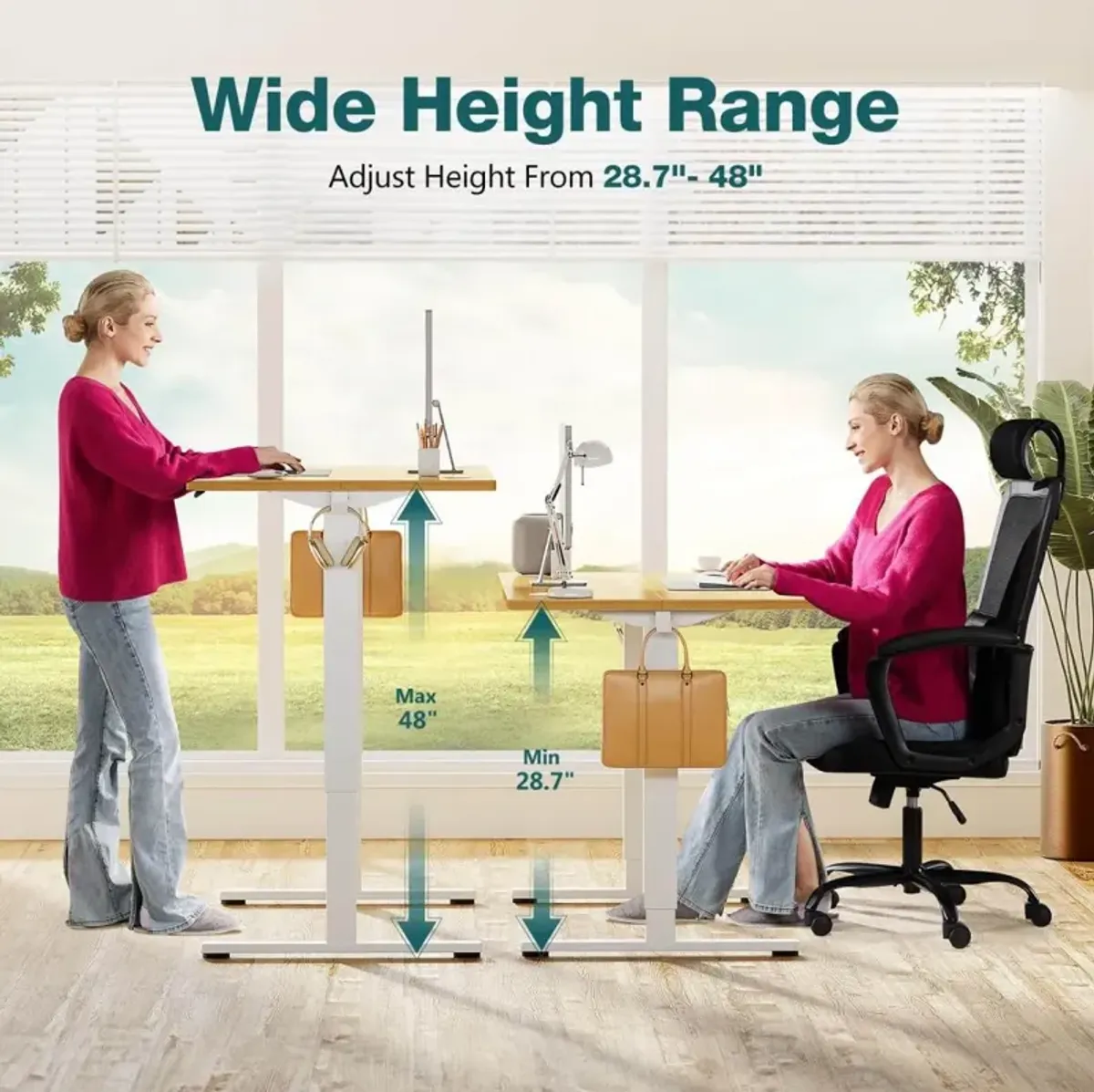 Electric Height Adjustable Standing Desk, Sit To Stand Ergonomic Computer Desk, Yellow, 63" X 24"