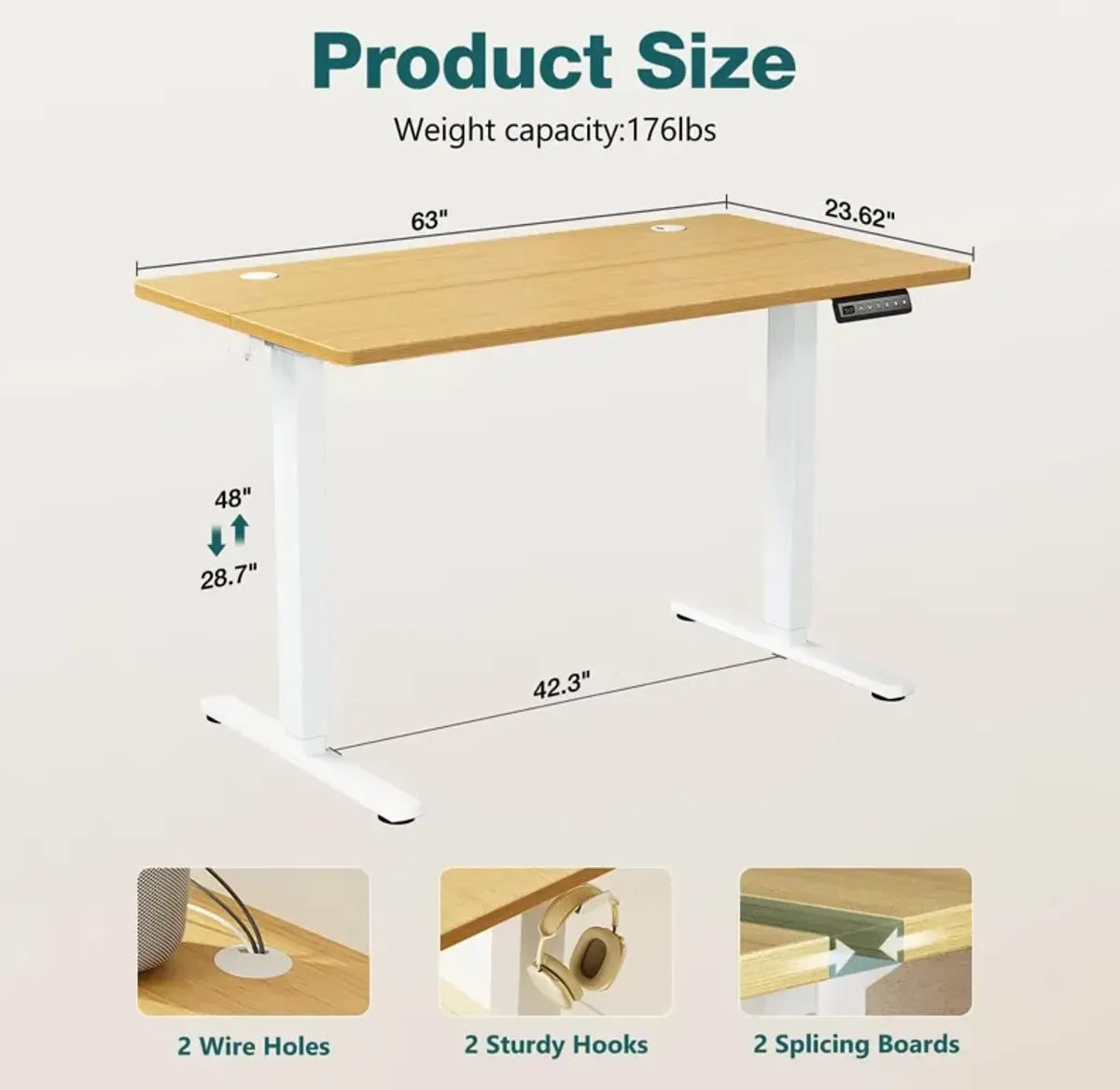 Electric Height Adjustable Standing Desk, Sit To Stand Ergonomic Computer Desk, Yellow, 63" X 24"