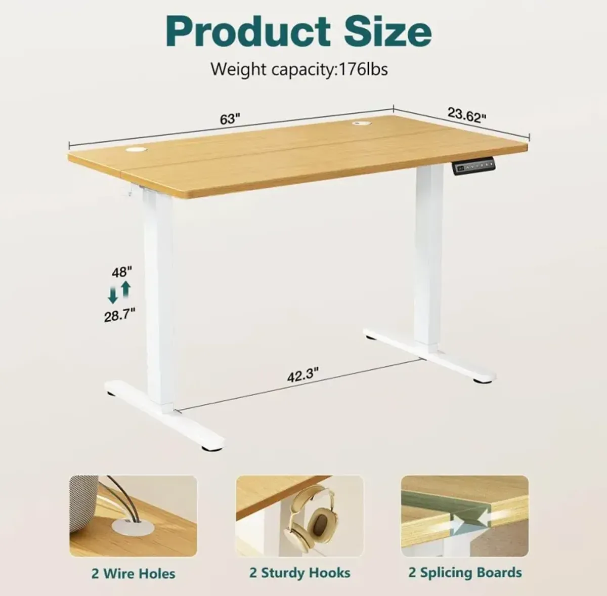 Electric Height Adjustable Standing Desk, Sit To Stand Ergonomic Computer Desk, Yellow, 63" X 24"