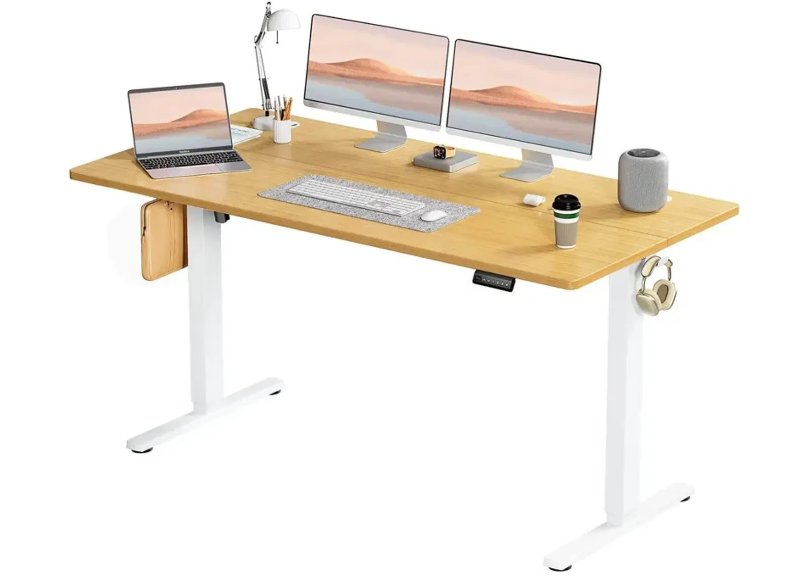 Electric Height Adjustable Standing Desk, Sit To Stand Ergonomic Computer Desk, Yellow, 63" X 24"