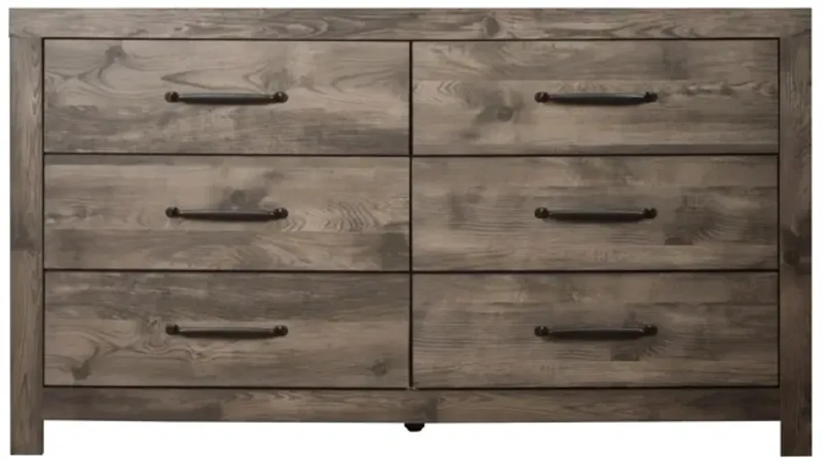 Benjara Ent 59 Inch Dresser, 6 Drawers with Black Handles, Greige Brown Finish, Gray Beige