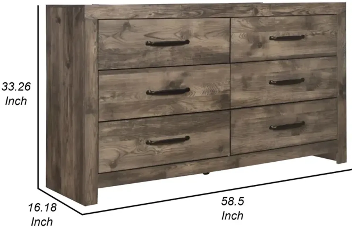 Benjara Ent 59 Inch Dresser, 6 Drawers with Black Handles, Greige Brown Finish, Gray Beige