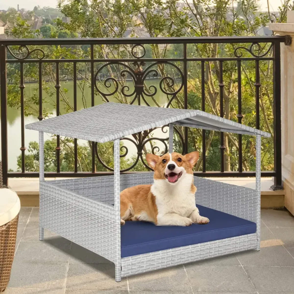 Wicker Dog House with Waterproof Roof and Washable Cushion Cover-Navy