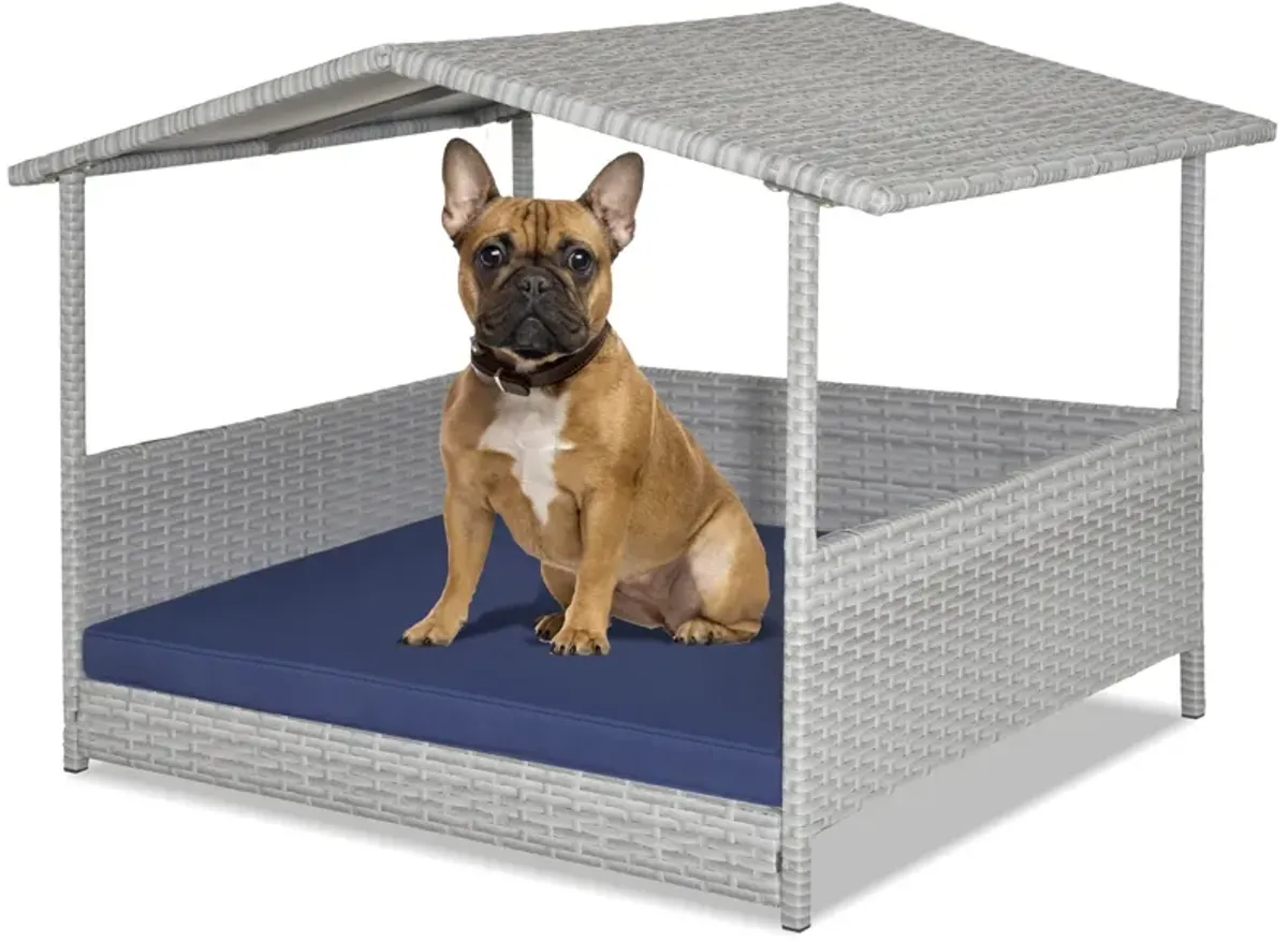 Wicker Dog House with Waterproof Roof and Washable Cushion Cover-Navy