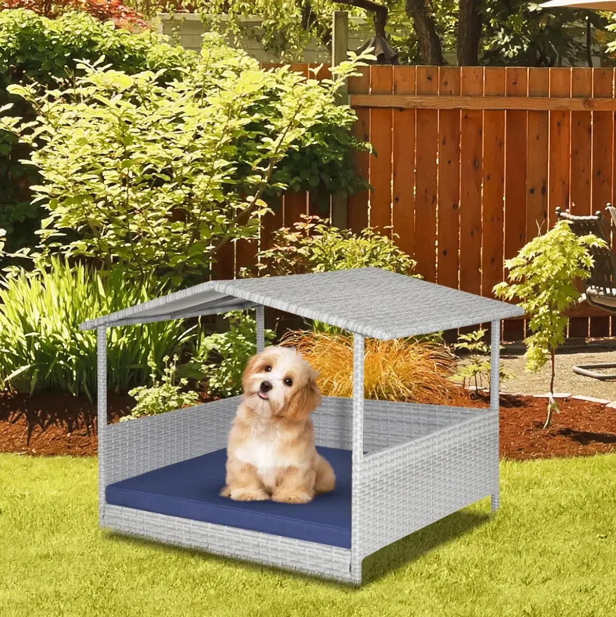 Wicker Dog House with Waterproof Roof and Washable Cushion Cover-Navy