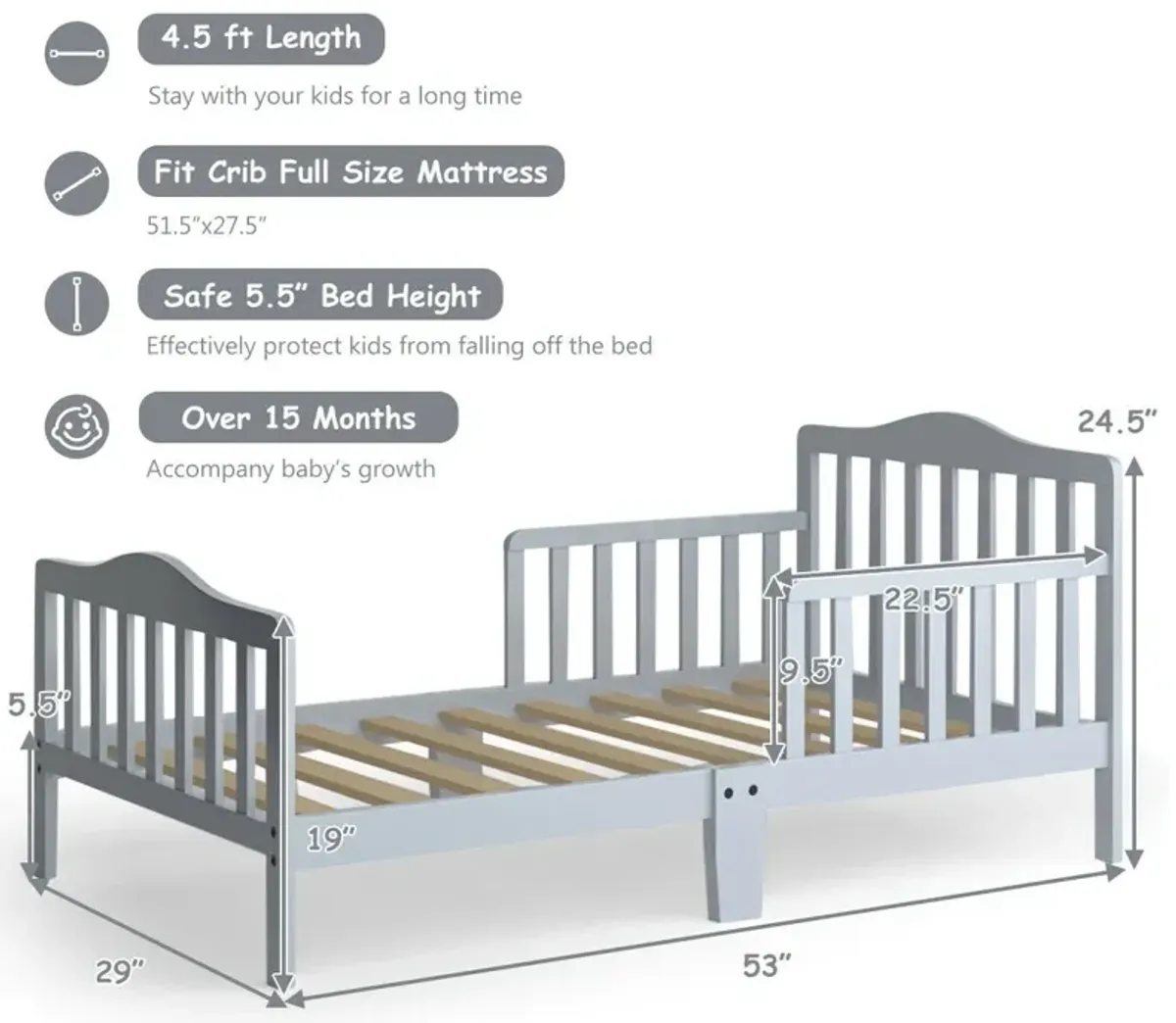 Classic Design Kids Wood Toddler Bed Frame with Two Side Safety Guardrails