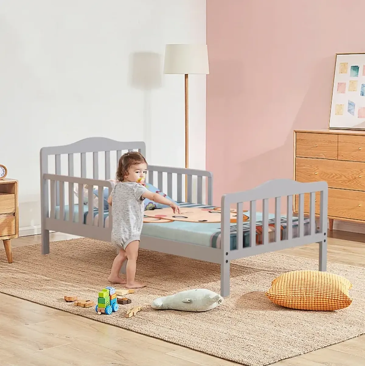 Classic Design Kids Wood Toddler Bed Frame with Two Side Safety Guardrails