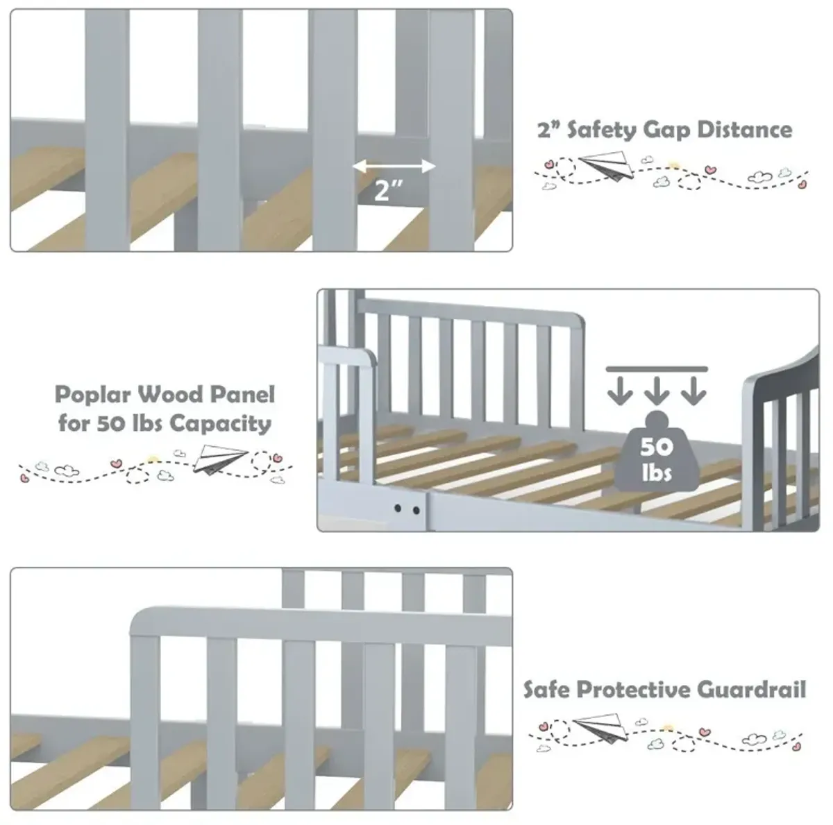 Classic Design Kids Wood Toddler Bed Frame with Two Side Safety Guardrails